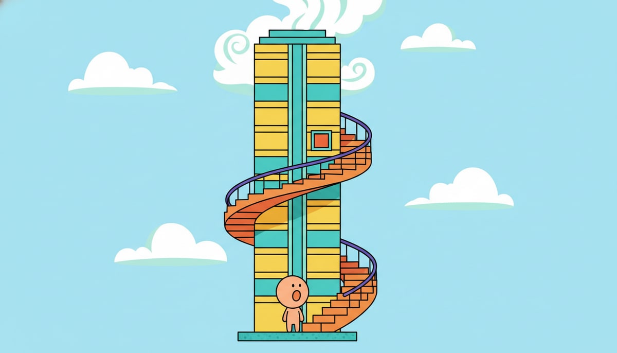 A tiny stick figure person at the very bottom of an impossibly tall, thin skyscraper, looking up at a tiny, distant window on the 50th floor, with a comically long, winding staircase disappearing into the clouds beside it.