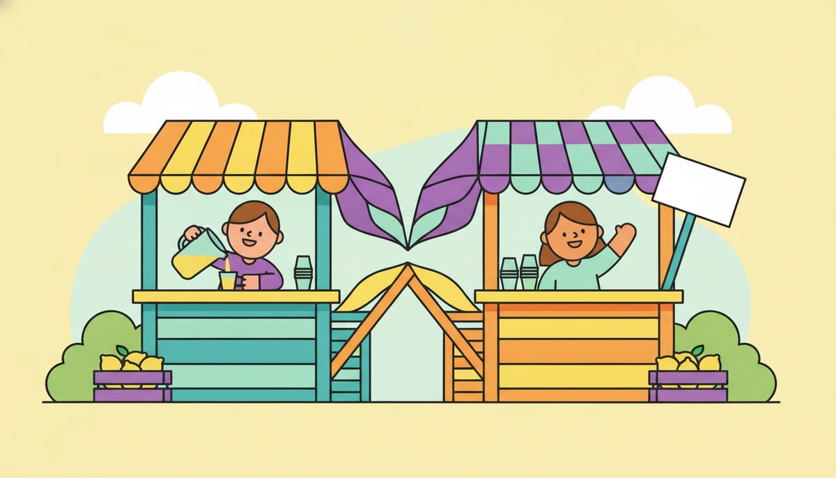 Two separate lemonade stands, one with a child expertly pouring lemonade and the other with a child enthusiastically waving a sign, are physically merging into a single, larger, combined lemonade stand.