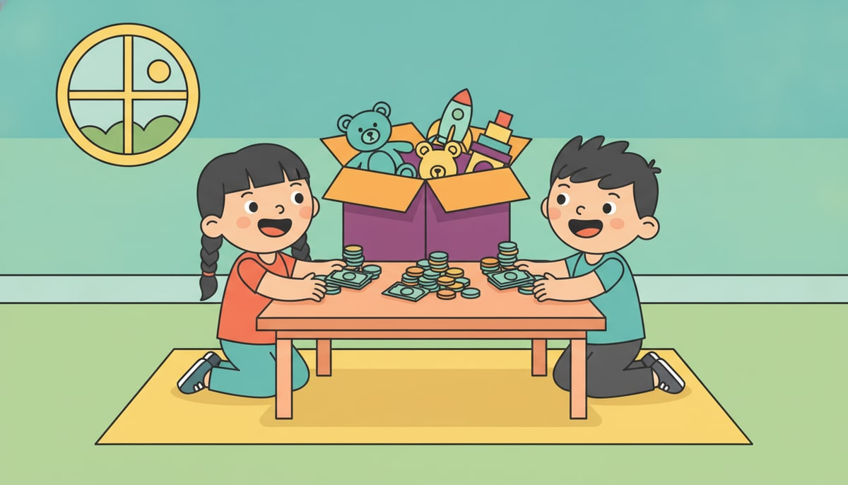 Two kids are excitedly combining their small piles of coins and bills onto a table, looking at a large toy box in the background.