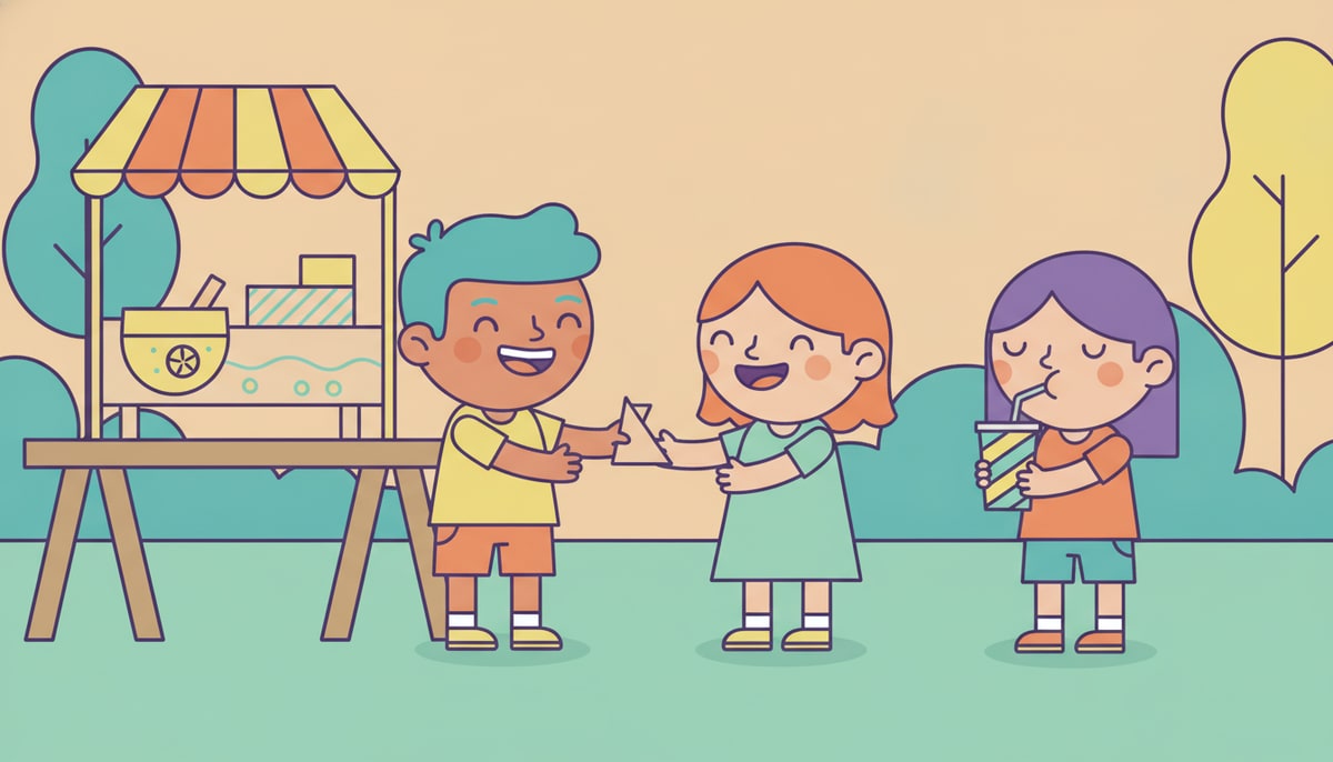 A child happily hands a friend a small, colorful paper triangle cut from a drawing of a lemonade stand, while another friend sips a drink nearby.