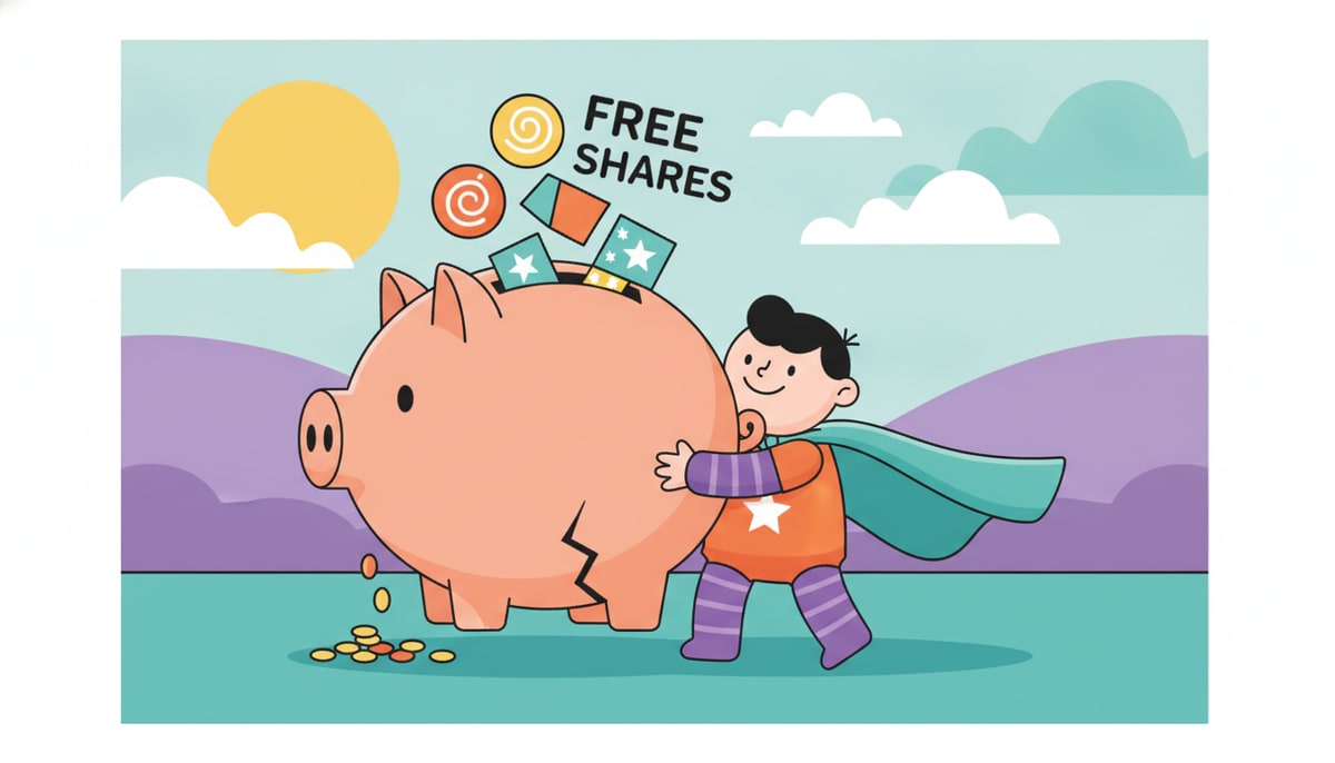 A kid in a superhero cape struggles to lift a heavy piggy bank overflowing with colorful "free" shares, while tiny coins trickle out a crack in the bottom.