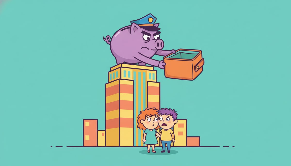 A cartoon couple, looking slightly disheveled and sheepish, stands at the base of a towering, simplified Empire State Building while a giant, stern-faced piggy bank wearing a police hat glares down at them, holding out an oversized, empty wallet.