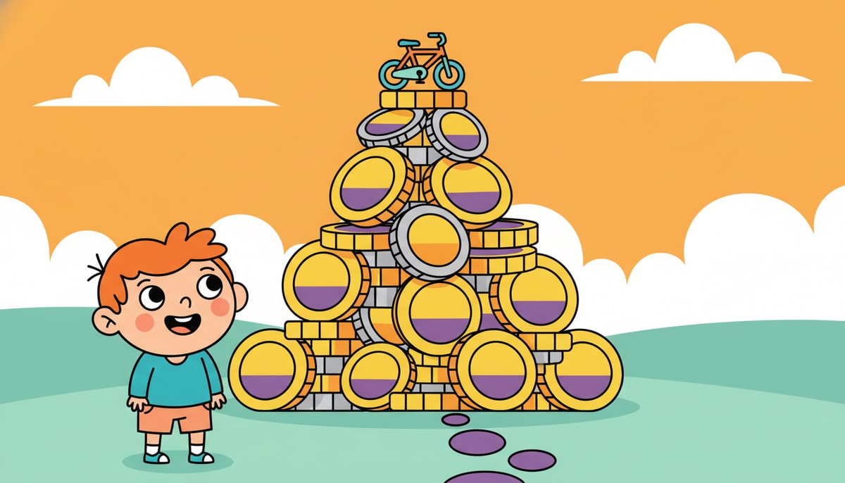 A child joyfully looks up at a tall, cartoonish "mountain" made of stacked coins, with a small toy bike visible at its peak.