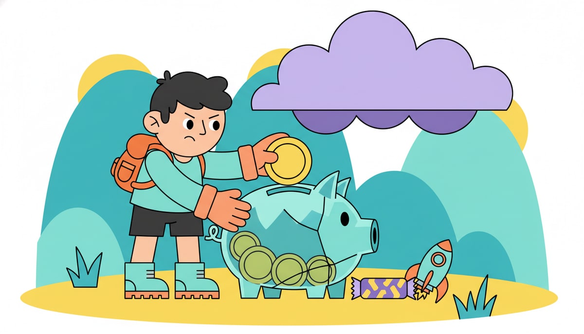 A determined kid, wearing a small backpack and hiking boots, carefully places a coin into a transparent piggy bank shaped like a mountain peak, while a candy bar and small toy sit untaken beside it.