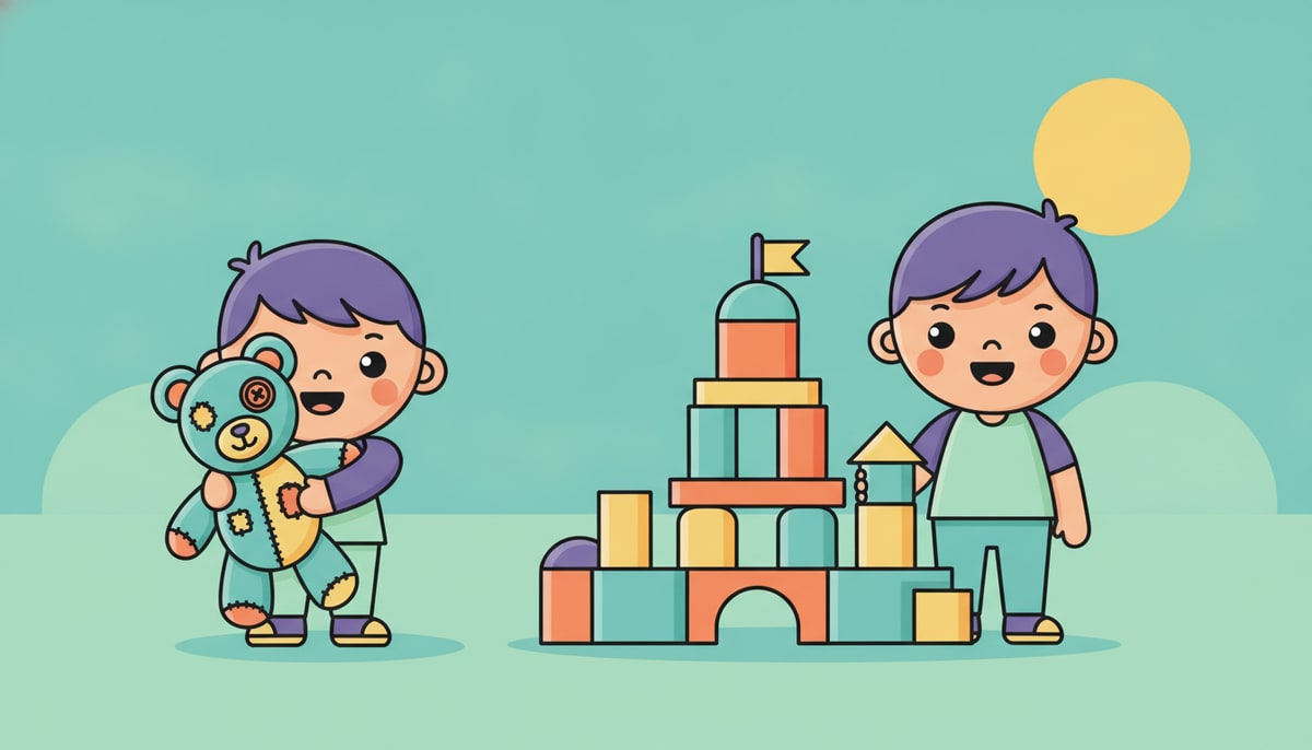 A child clutches a well-loved, generic teddy bear with one button eye, while a slightly older child proudly displays a meticulously constructed, nameless block castle.