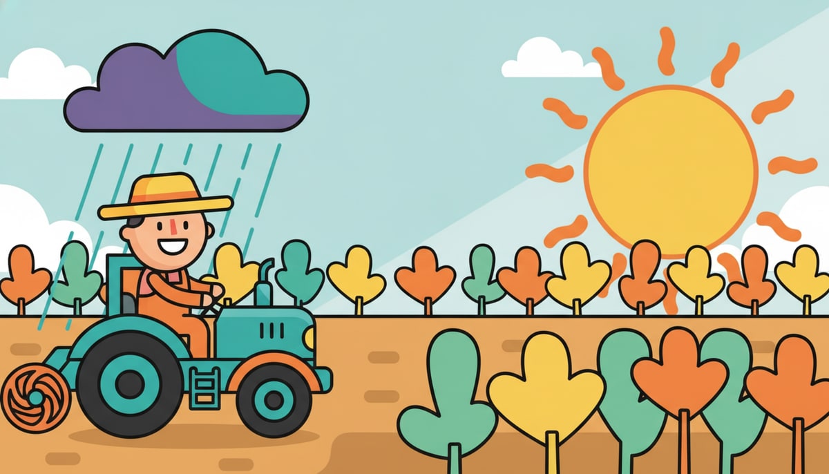 A friendly farmer in a tractor harvests colorful crops while rain falls on one side of the field and the sun shines brightly on the other.