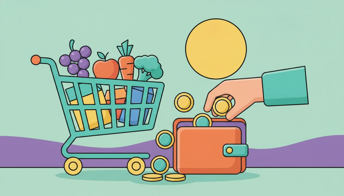 A child's hand reaches into an open wallet, pulling out a handful of coins, with a grocery cart full of colorful food items visible in the background.
