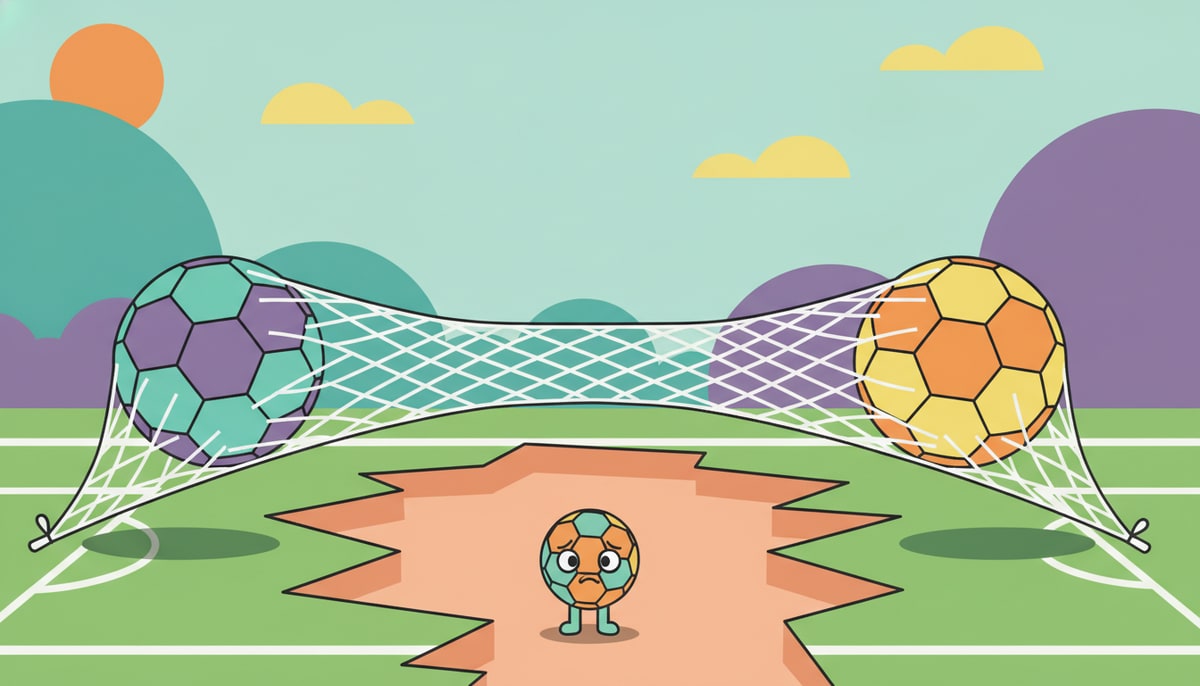 Two cartoon soccer balls, one labeled "FIFA" and the other "UEFA" (via color coding or subtle design cues, NOT text), are on opposite sides of a torn soccer field, each pulling a different end of a stretched goal net, as a third, smaller soccer ball (representing "teams") nervously watches from the sideline.