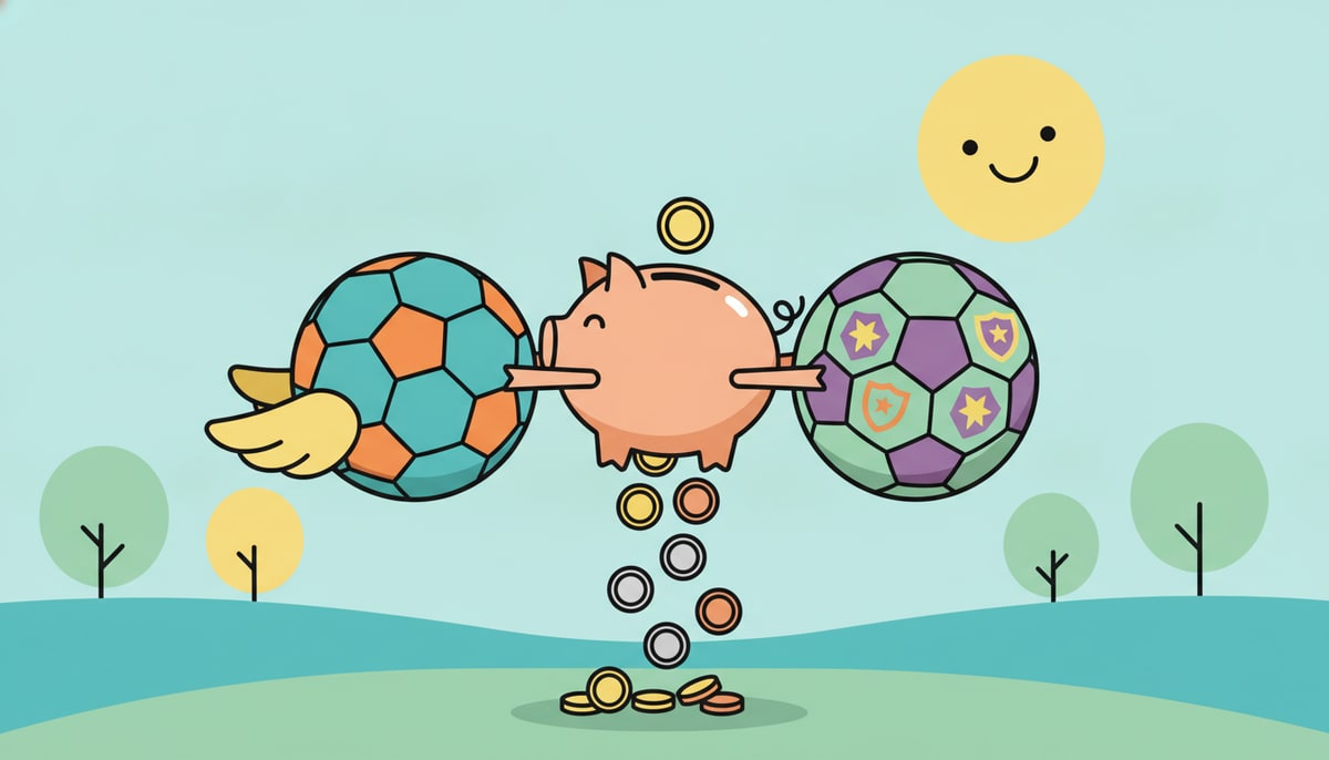 Two cartoon soccer balls, one labeled "FIFA" and the other "UEFA" with simple drawn images, are tugging on opposite ends of a single piggy bank, causing coins to spill out.