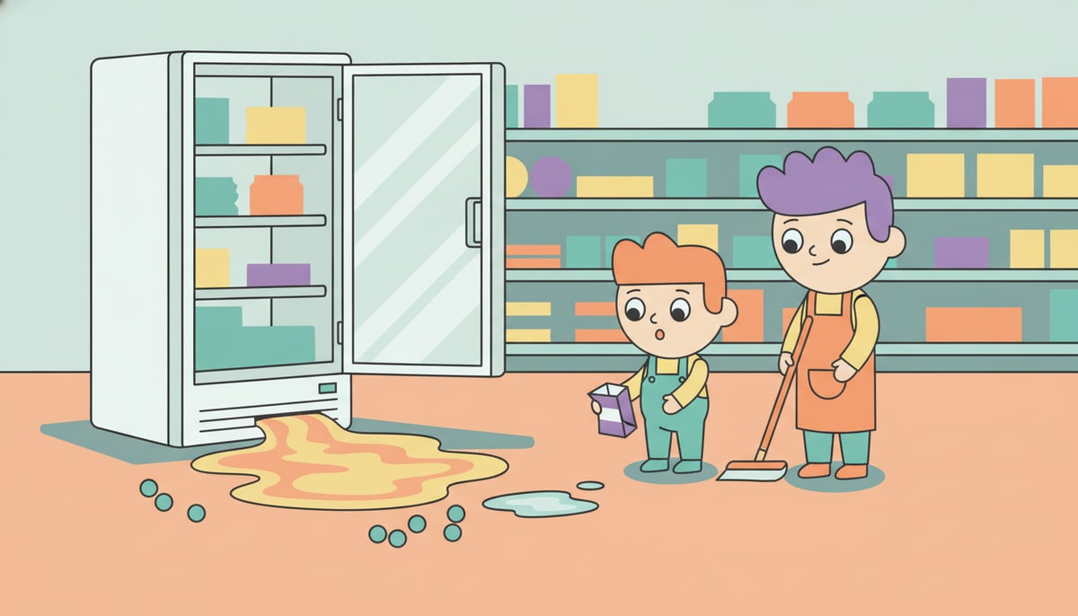 A supermarket freezer door stands slightly ajar, with puddles of melted ice cream and water pooling on the floor in front of it, and a few sad, defrosted frozen peas scattered about.