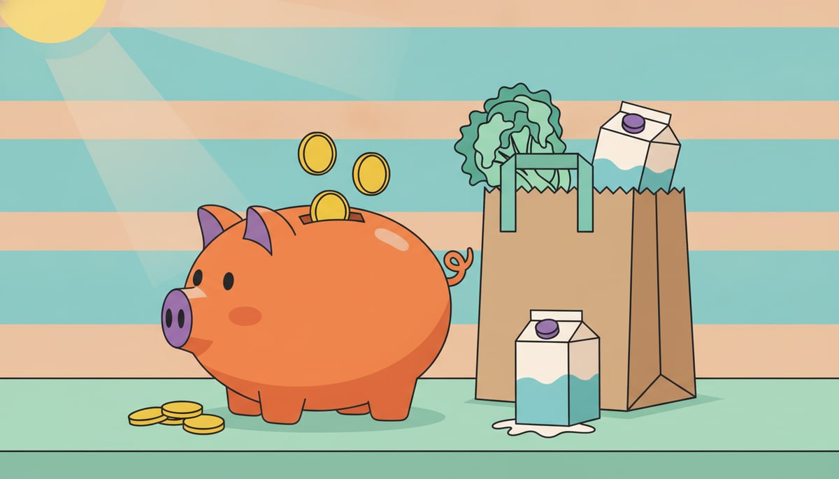 A small child's piggy bank, overflowing with coins, sits on a kitchen counter next to a grocery bag from which a wilting lettuce and a half-empty milk carton peek out.