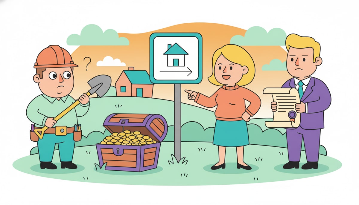 A construction worker in a hardhat holding a shovel looks confusedly at a chest of gold coins, while a homeowner points to a "Private Property" sign and a government official in a suit holds a historical document.