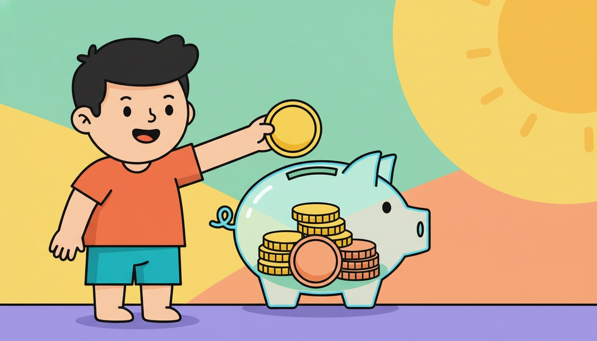 A small child excitedly places a single coin into a clear piggy bank already containing a visible stack of coins.