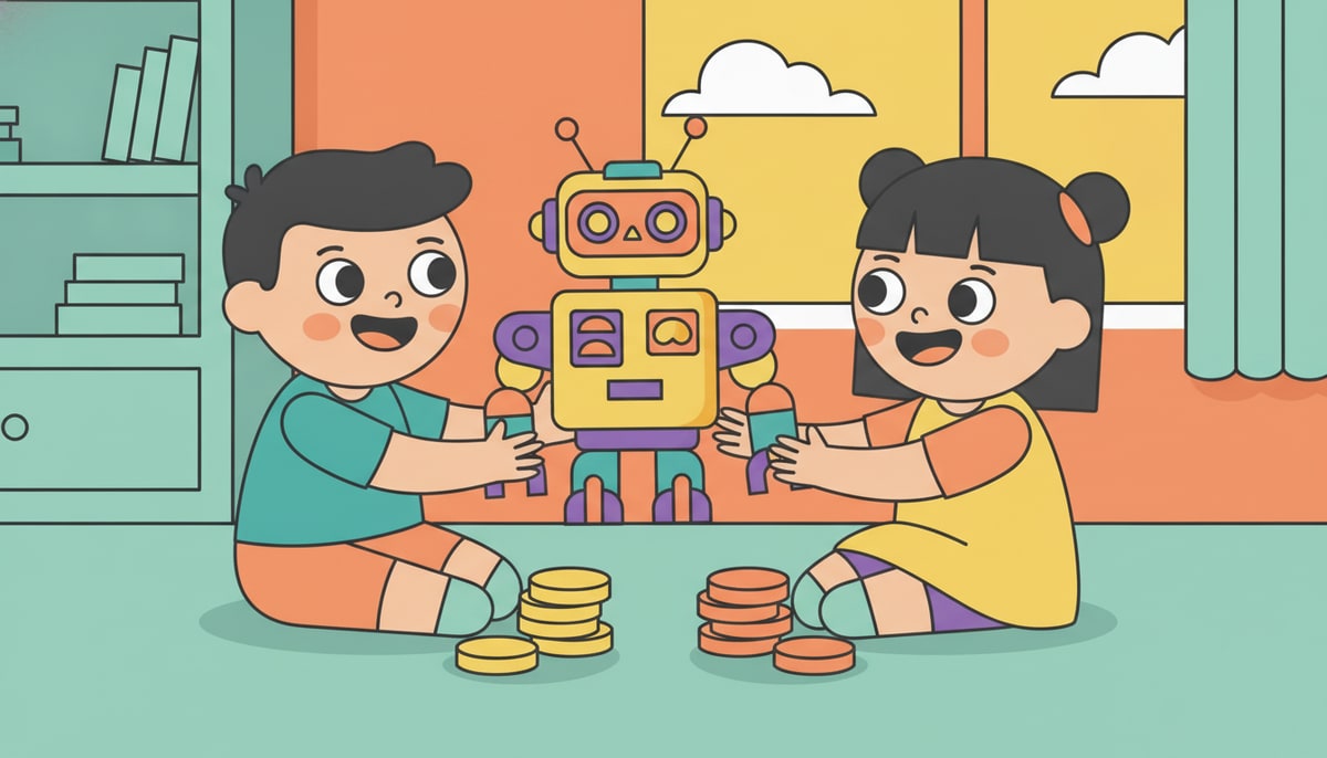 Two kids happily share a single large, colorful toy robot, one holding its head and the other its arm, with a smaller pile of coins equally divided between them on the floor.
