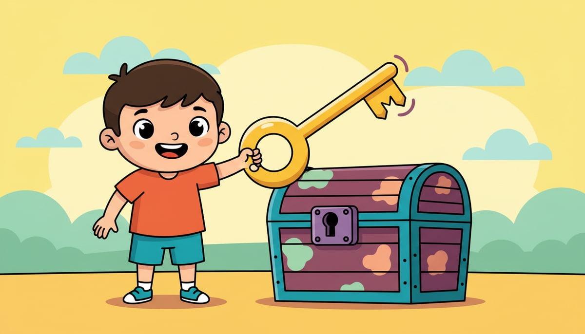 A child proudly holds up a shiny, oversized key that perfectly fits into an existing, well-worn lock on a treasure chest.