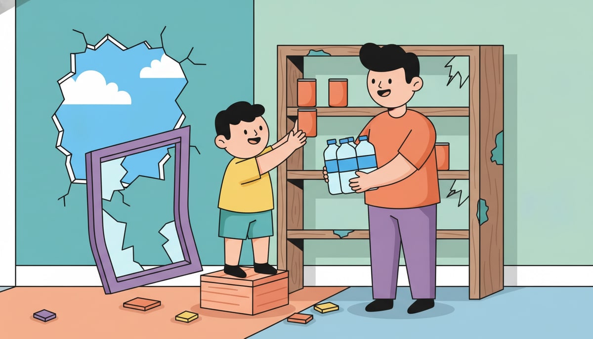 A child helps their parent stack canned goods and bottled water on a shelf inside a partially damaged home.