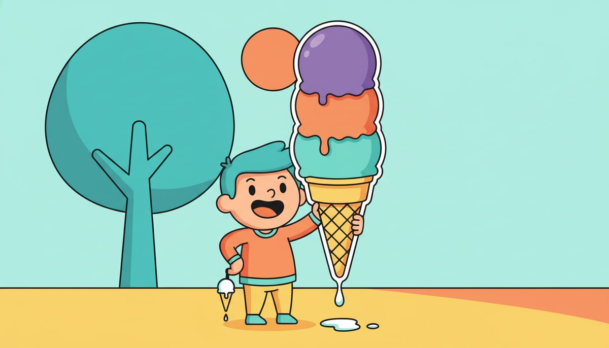 A child proudly holds up a huge, brightly colored cardboard cutout of a giant ice cream cone, while a melting puddle of real, much smaller ice cream drips unnoticed from a tiny, plain cone in their other hand.