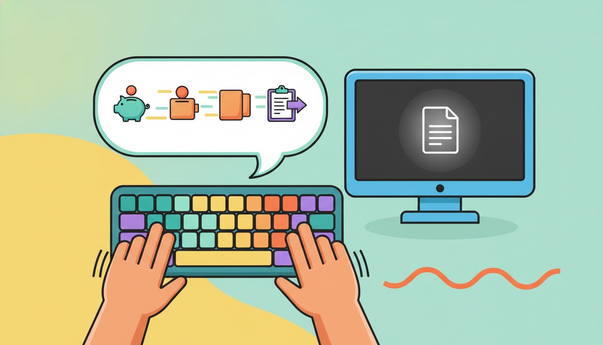 A child's hands rapidly fly across a rainbow-colored keyboard, while a thought bubble above shows tiny icons for "save," "copy," and "paste" zipping quickly from the keyboard to a simplified computer screen.