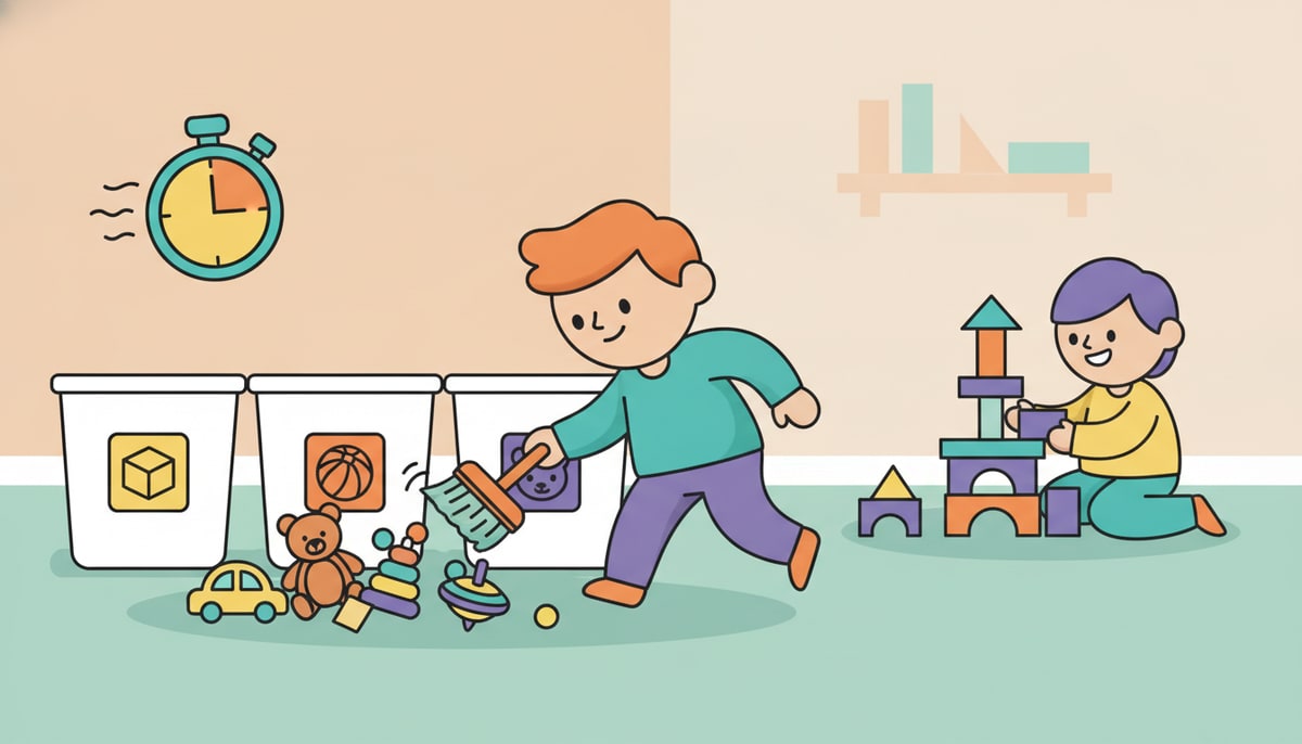 A child quickly tidies toys into clearly labeled (but text-free) bins, a stopwatch icon hovering nearby, while another child happily plays with building blocks in the background.