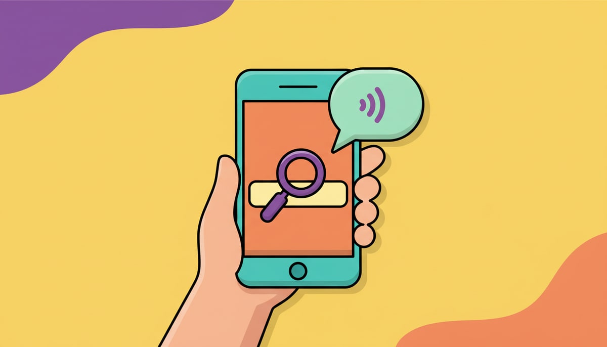 A child's hand holds a smartphone displaying a simple magnifying glass icon over a search bar, with a speech bubble next to it implying a voice command.