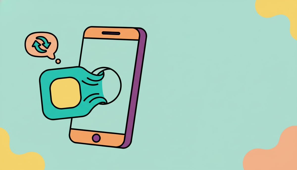A small, square iOS app icon struggles to fit into a round Android phone screen cutout, with a tiny thought bubble above it containing a "squeeze" motion.