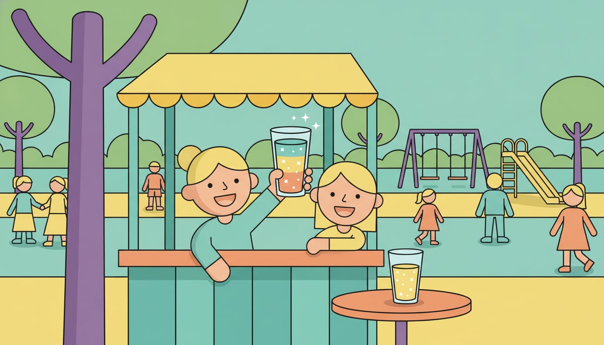 Two children at a busy park stand next to a lemonade stand, one proudly holding a tall glass of shimmering, colorful lemonade with tiny edible stars, while the other's plain lemonade sits mostly ignored.