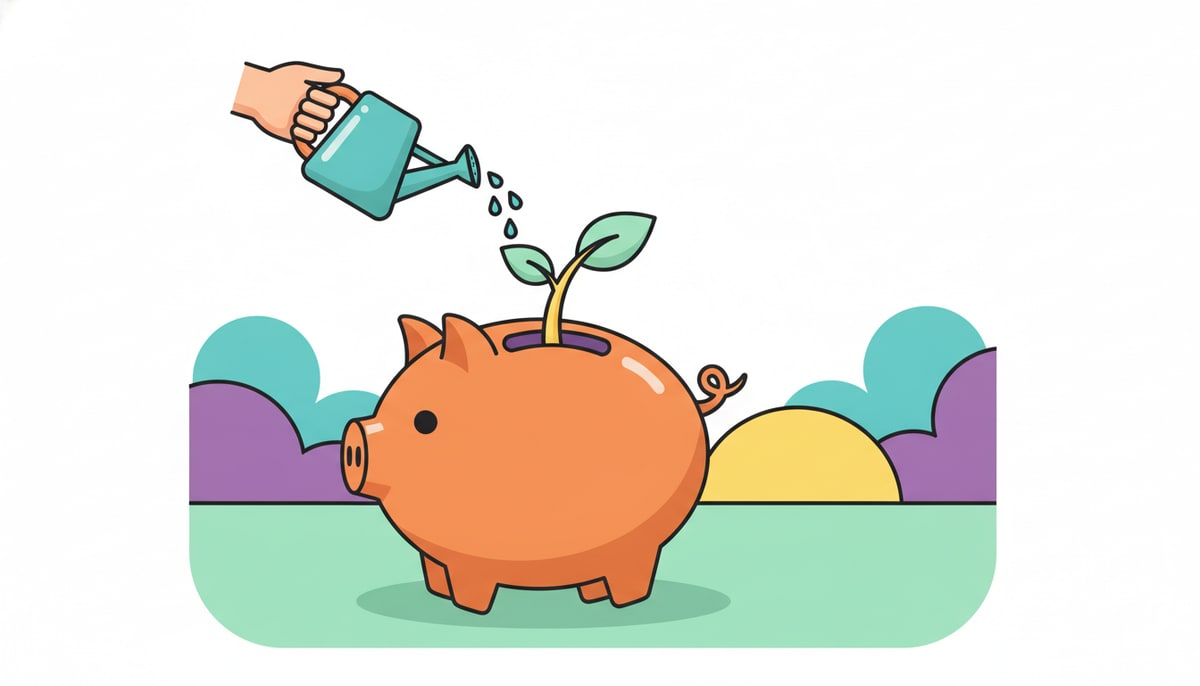 A piggy bank with a small sprout growing out of its coin slot, being gently watered by a tiny watering can held by an unseen hand.