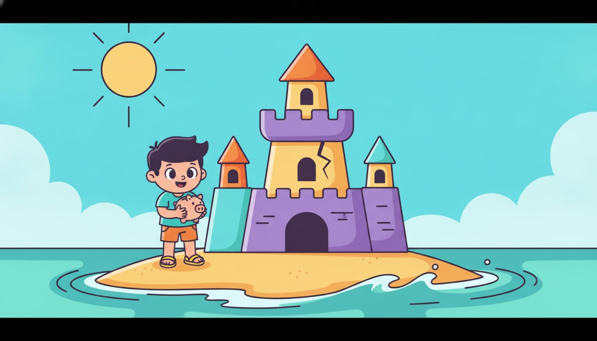 A kid stands on a sandy island, holding a small piggy bank, while gentle waves lap at the base of a towering, colorful sandcastle with a crack in its wall.