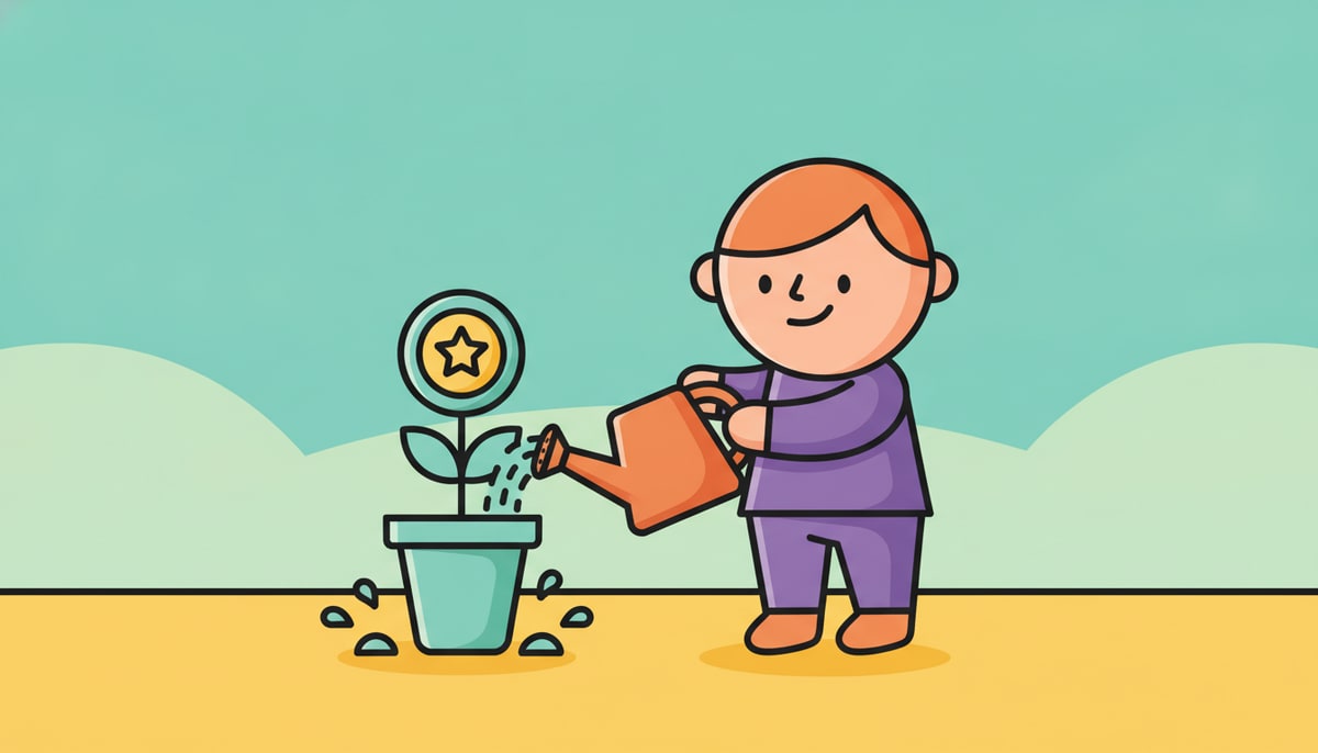 A child watering a small potted plant, which then sprouts a single coin-shaped leaf.