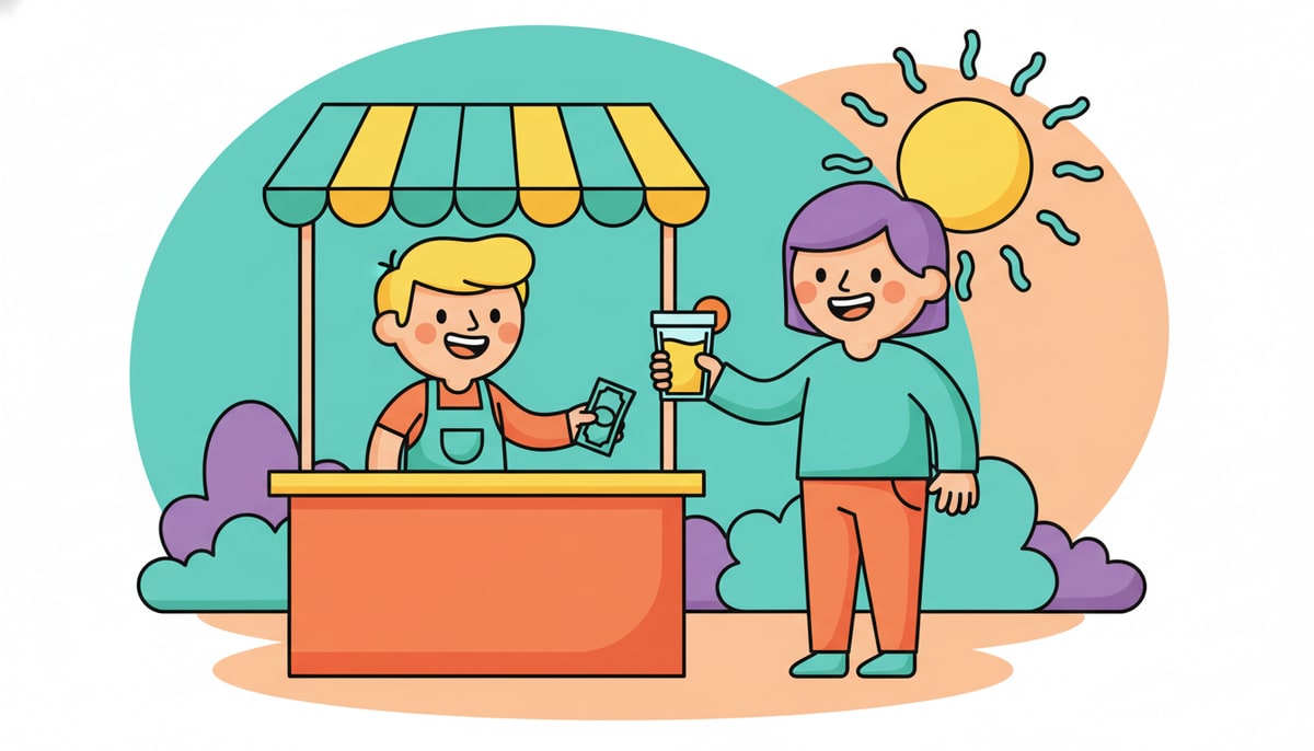 A kid with a lemonade stand happily accepts a dollar bill from a customer, while the customer smiles, holding a full cup of lemonade.