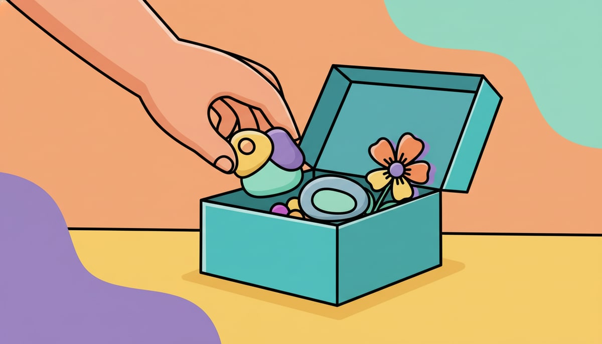 A child's hand carefully places a small, colorful, handmade clay sculpture into a shoebox filled with other cherished items like a smooth river stone and a pressed flower.