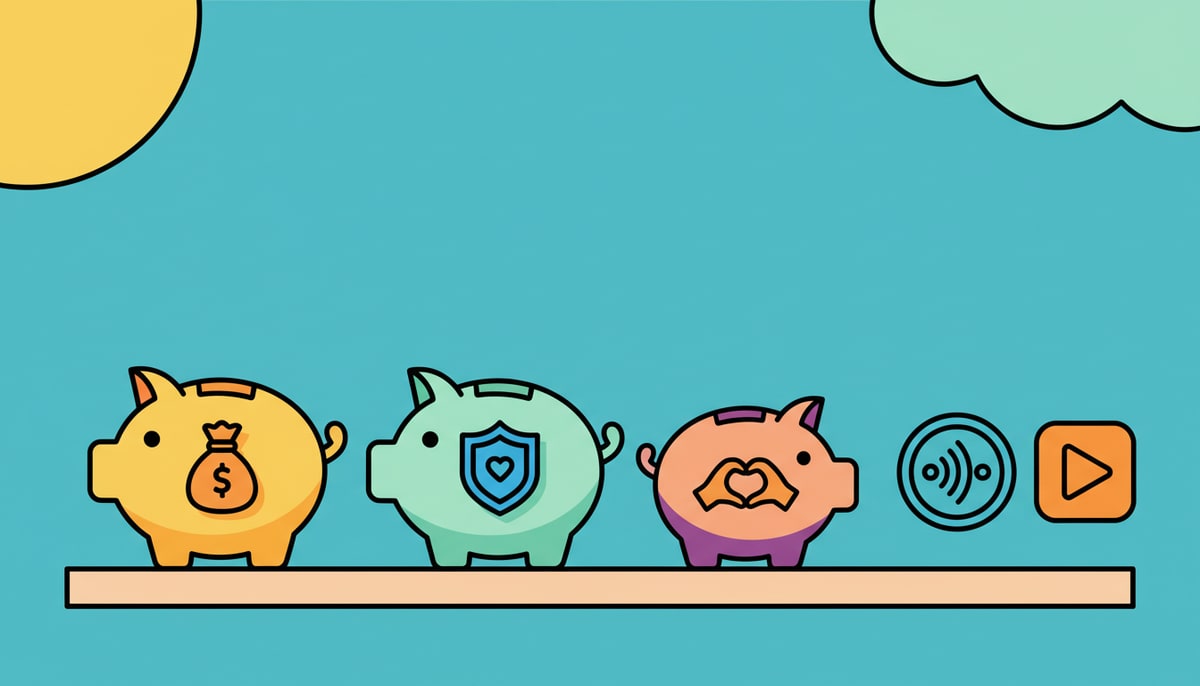 Three colorful piggy banks, each labeled with a distinct emoji representing "earn," "save," and "give," sit on a shelf next to a streaming music icon and a video play button.