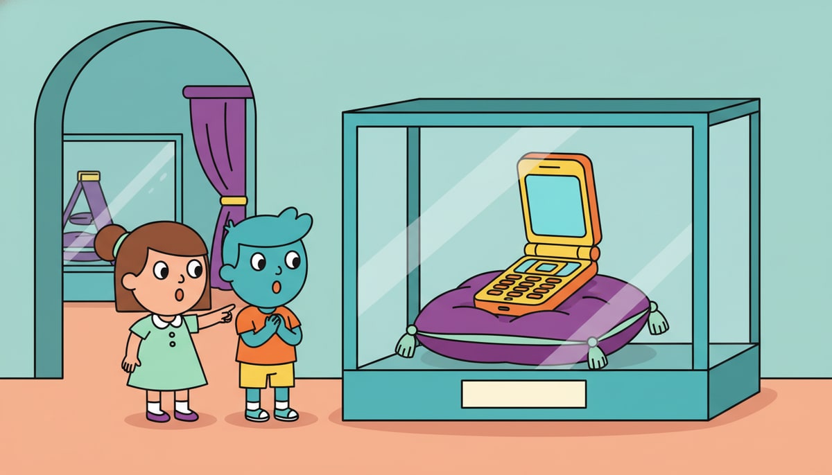 A vintage flip phone, once a bustling tool, now sits proudly displayed on a velvet cushion in a mini-museum exhibit, admired by two curious kids.