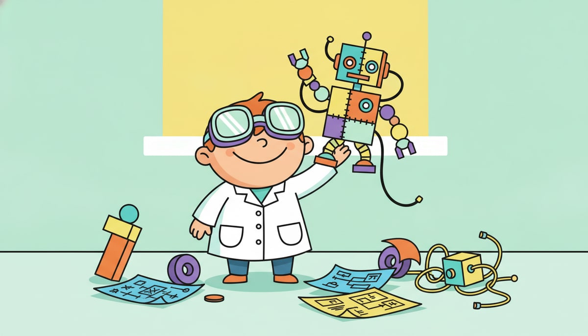 A kid in a lab coat, goggles askew, proudly presents a wonky, multi-colored robot made of mismatched parts and wires, surrounded by discarded blueprints and failed prototypes.