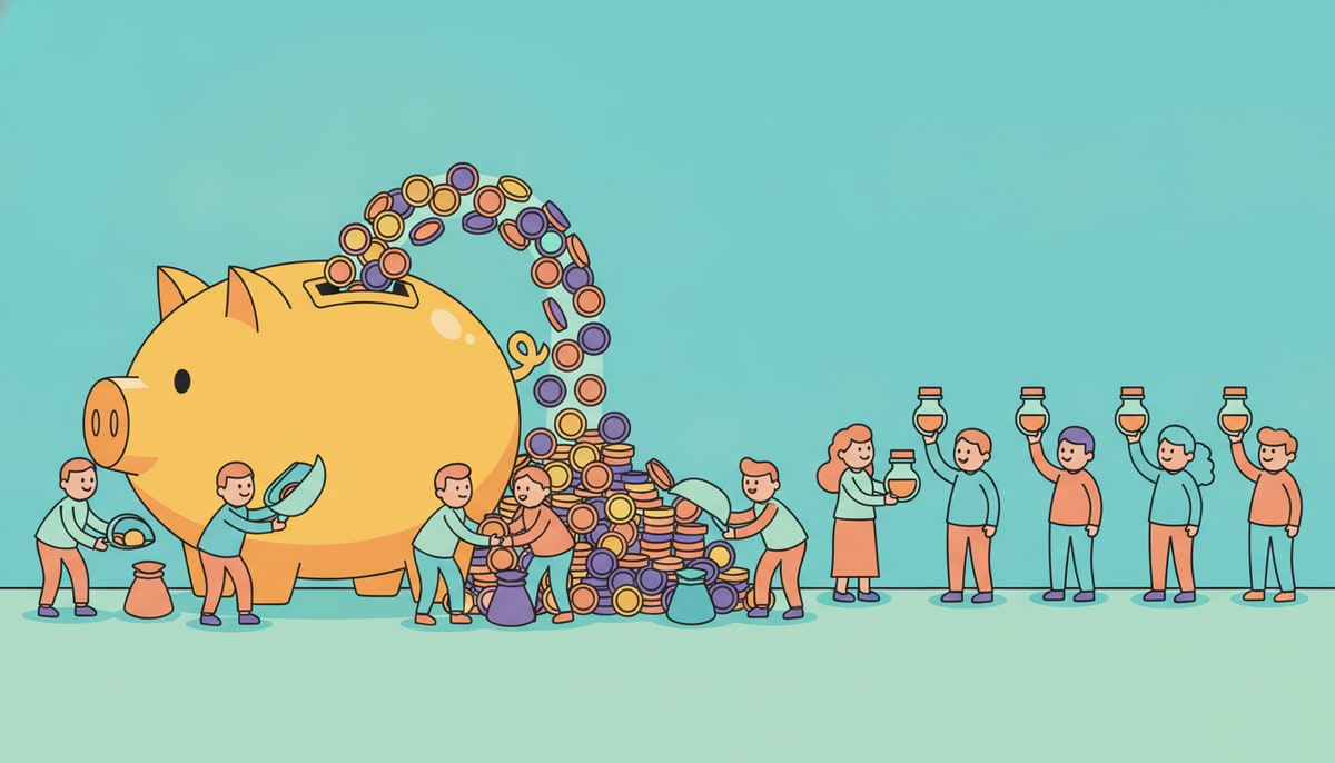 A giant piggy bank, labeled with a subtle "Taxes" coin slot, overflows with coins being collected by various cartoon adults and distributed to other adults holding medicine bottles.