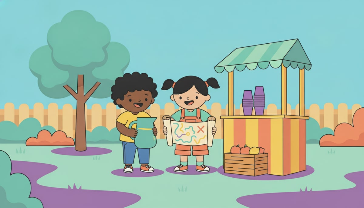Two diverse kids, one with a lemonade pitcher and the other holding a stack of cups, stand beside a wobbly wooden lemonade stand, both looking at a hand-drawn map of their backyard.