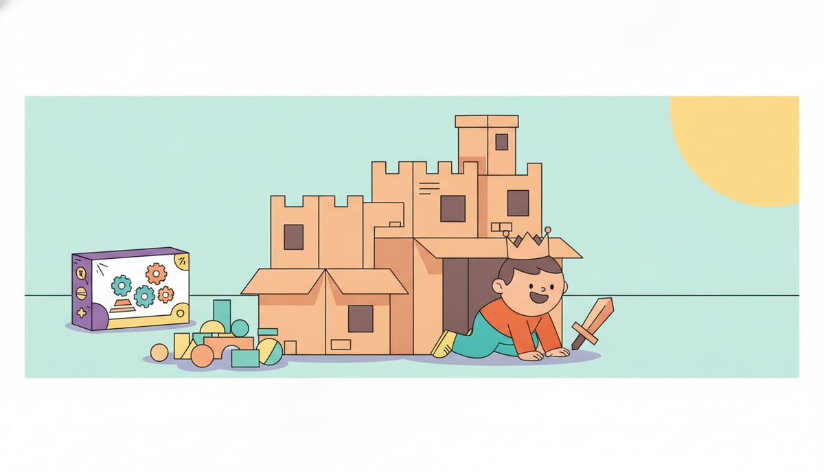 A child happily plays with a sturdy cardboard box fort, while in the background, a new, unopened toy playset sits untouched in its box.