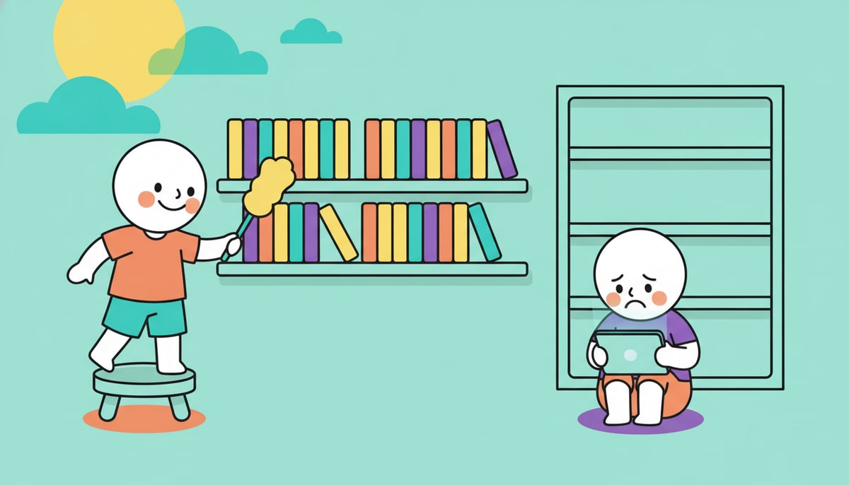 A happy kid proudly dusting a shelf filled with their own collection of colorful CDs and DVDs, while another kid nearby looks sadly at a blank tablet screen.