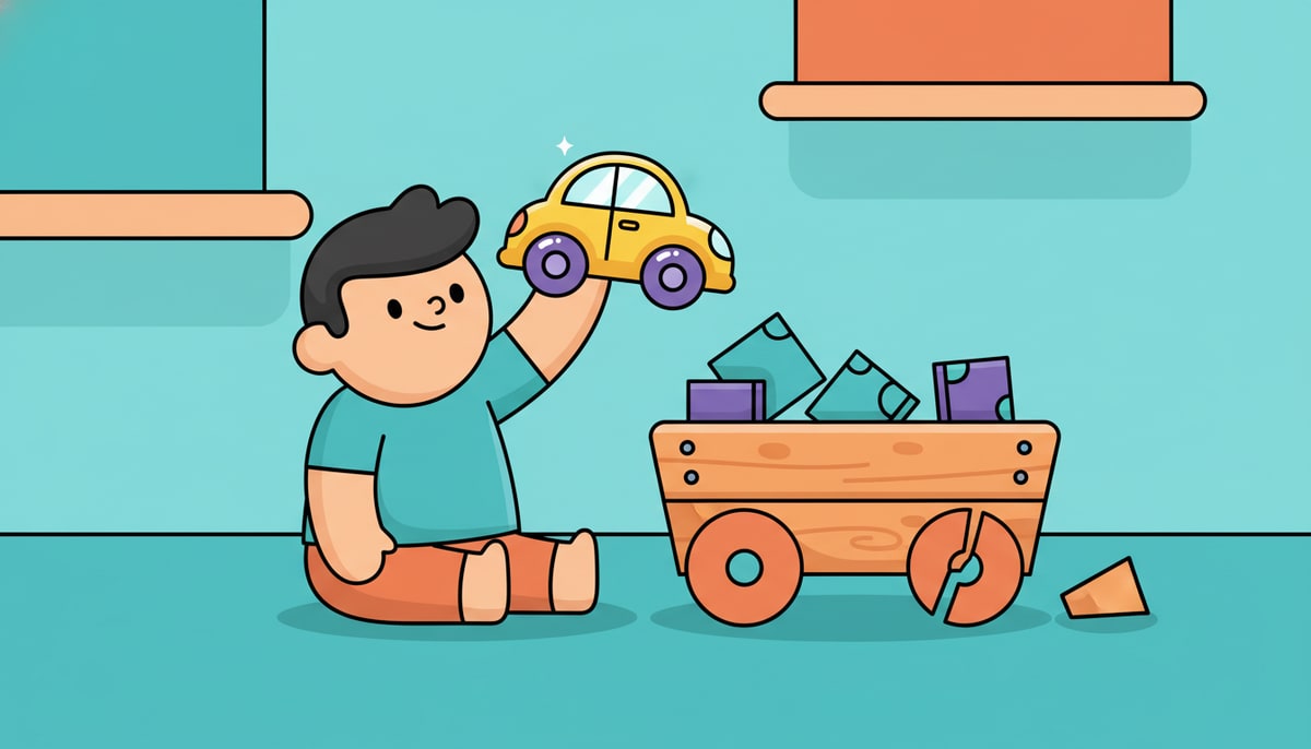 A child holds a shiny new toy car, while next to them sits a well-loved, slightly scuffed wooden block wagon with a broken wheel, both on a playroom floor.