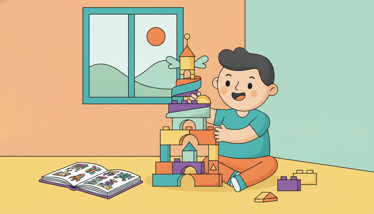 A child happily builds a unique, imaginative creation using various colorful LEGO bricks, while an open instruction booklet filled with diverse, shared building ideas lies nearby.