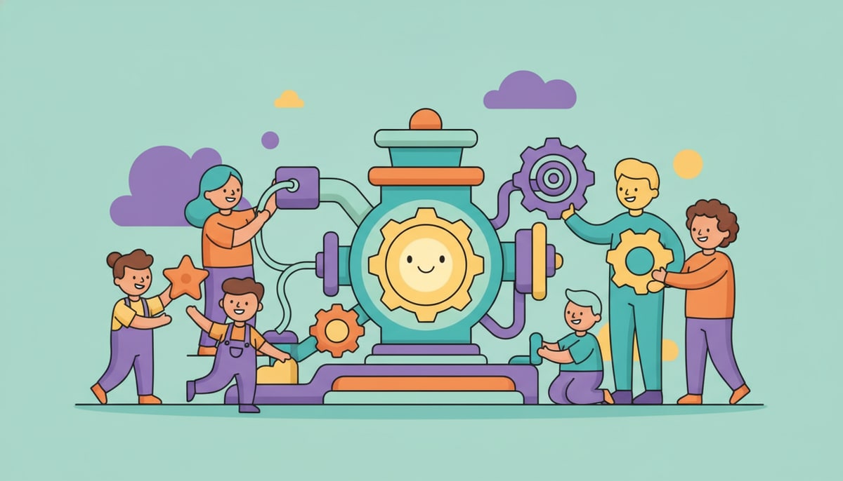 A group of diverse people huddle around a brightly glowing, complex but friendly-looking engine, each adding a small, colorful gear or wire.