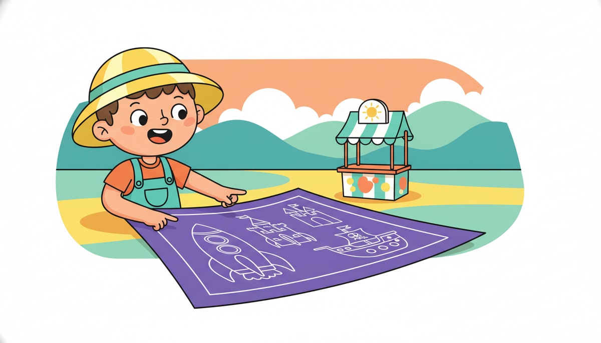 A smiling child in a sun hat excitedly points to a whimsical blueprint drawing of multiple lemonade stands, while holding a single, well-decorated lemonade stand in the background.