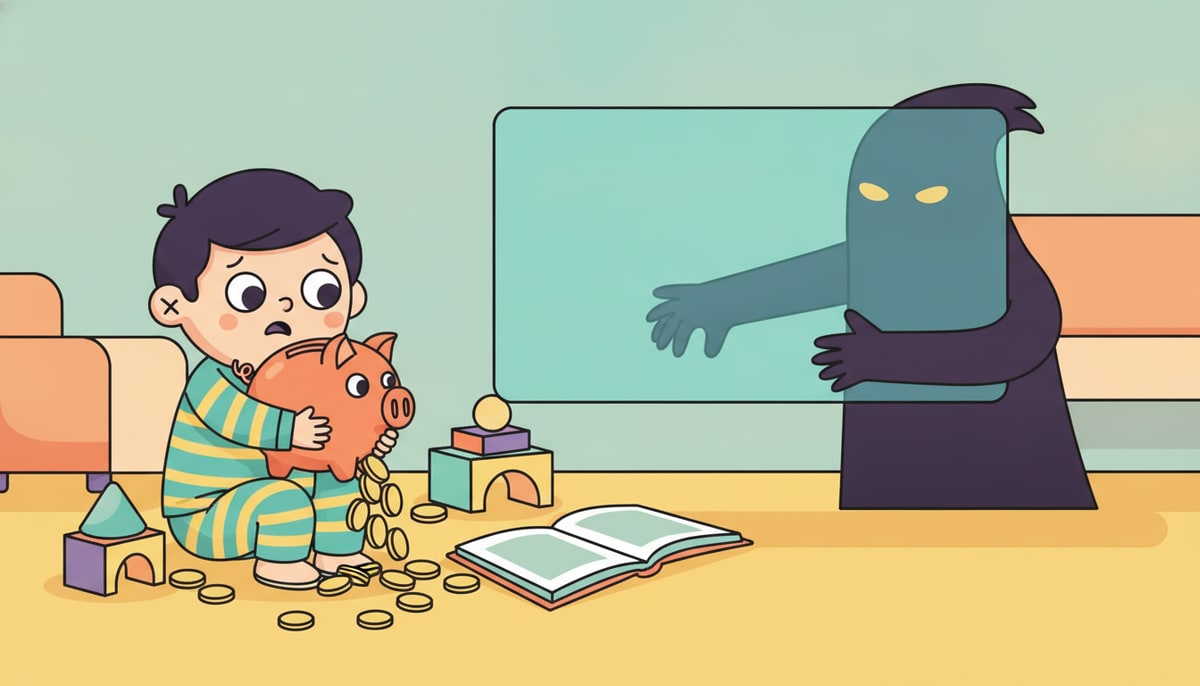 A child in pajamas nervously clutches a piggy bank overflowing with coins while a shadowy figure peers from behind a digital screen, reaching for the child's scattered toys and an open photo album.