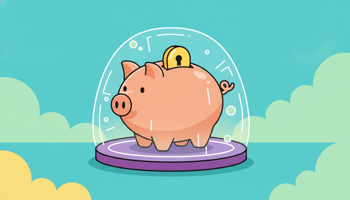 A child's piggy bank with a bright yellow lock on its coin slot sits securely inside a clear, glowing digital force field.