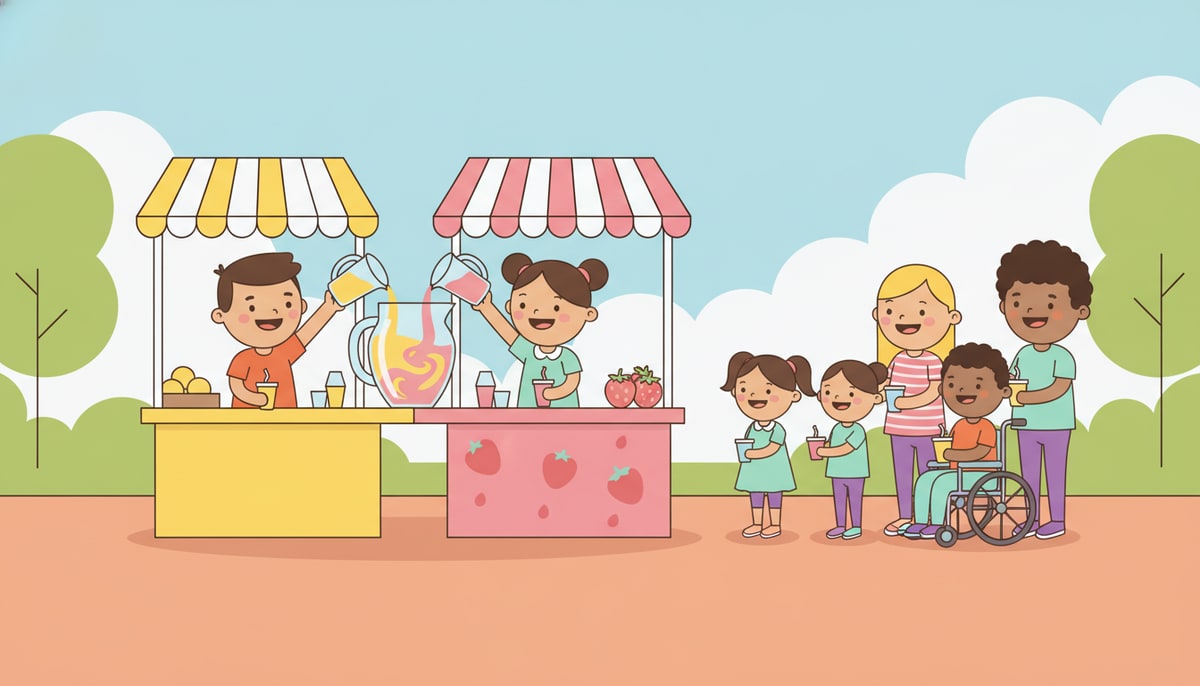 Two kids, each with a distinct lemonade stand (one classic yellow, one strawberry pink), are now happily combining their stands, pouring both lemonades into a single large pitcher, with a line of diverse customers waiting.