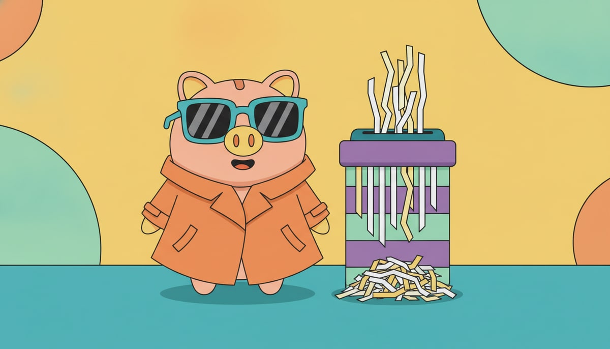 A child's piggy bank, wearing oversized sunglasses and a spy trench coat, stands next to a shredder, through which paper strips (representing data) are visibly disappearing.