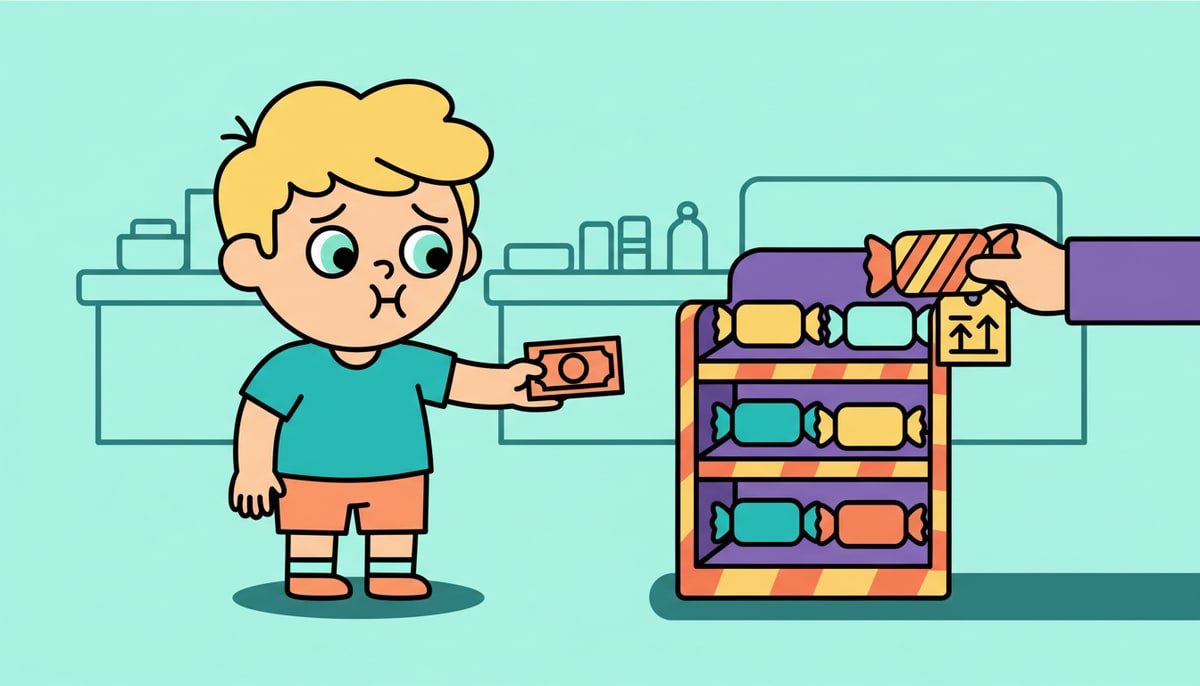 A child looks disappointed as they hold out a single dollar bill for a candy bar that now has a slightly higher, but unreadable, price tag.