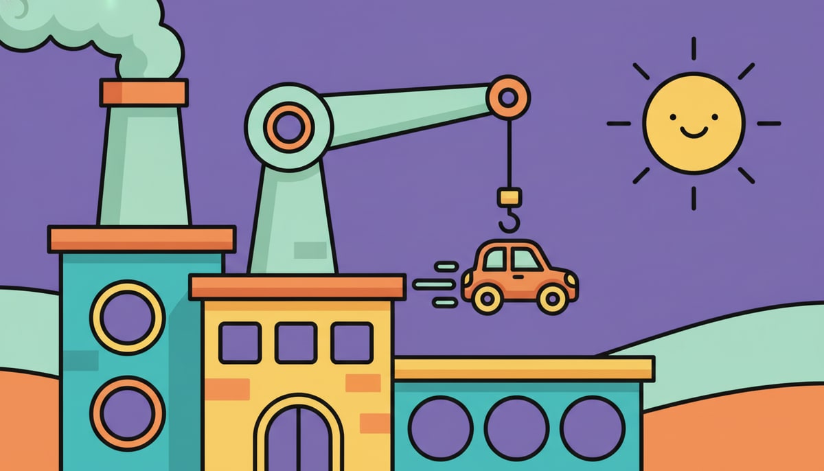 A giant, friendly factory building with a smokestack is gently lowering a small, super-fast remote control car onto its roof using a crane.