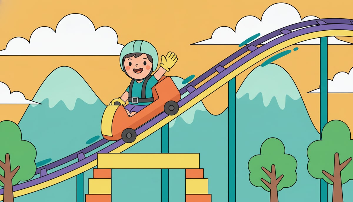 A smiling child, buckled securely in a theme park roller coaster car, waves excitedly as the car begins its ascent up a tall, colorful track.
