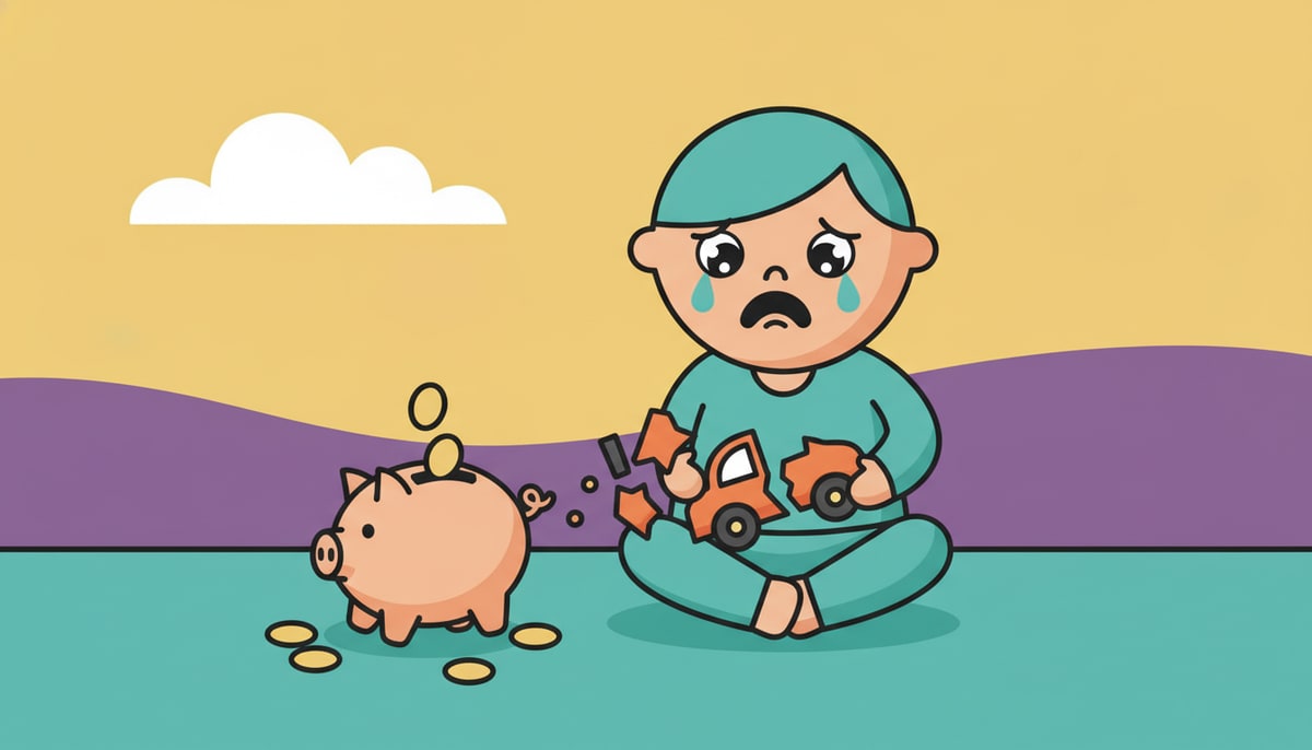 A child with a sad face holds a broken toy car, while their piggy bank, with a few coins missing from its slot, sits nearby.